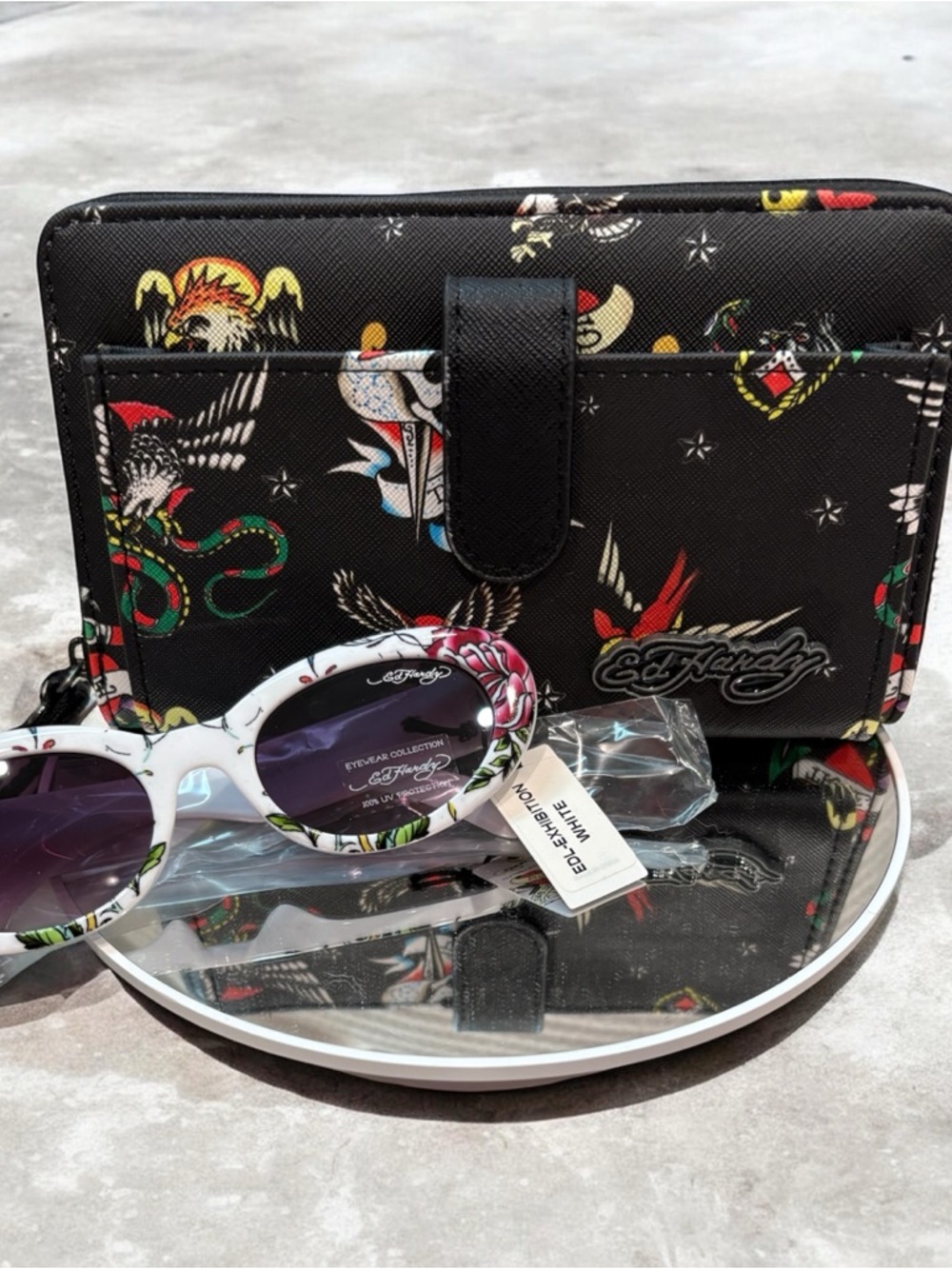 Ed Hardy Black Tattoo-Print Wallet with White Floral Oval Sunglasses
